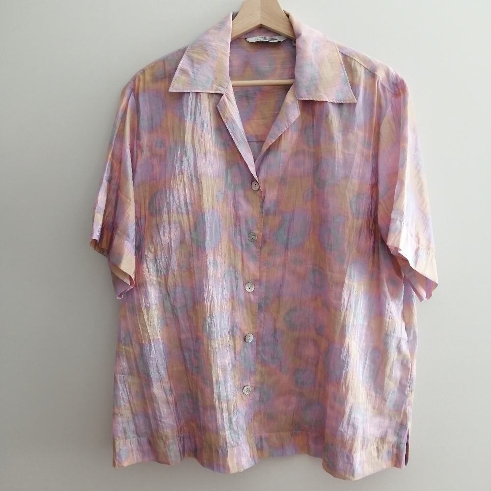 & Other Stories Boxy Short Sleeve Button Blouse Crinkle Pink Orange Blue Size 4 - Picture 2 of 14